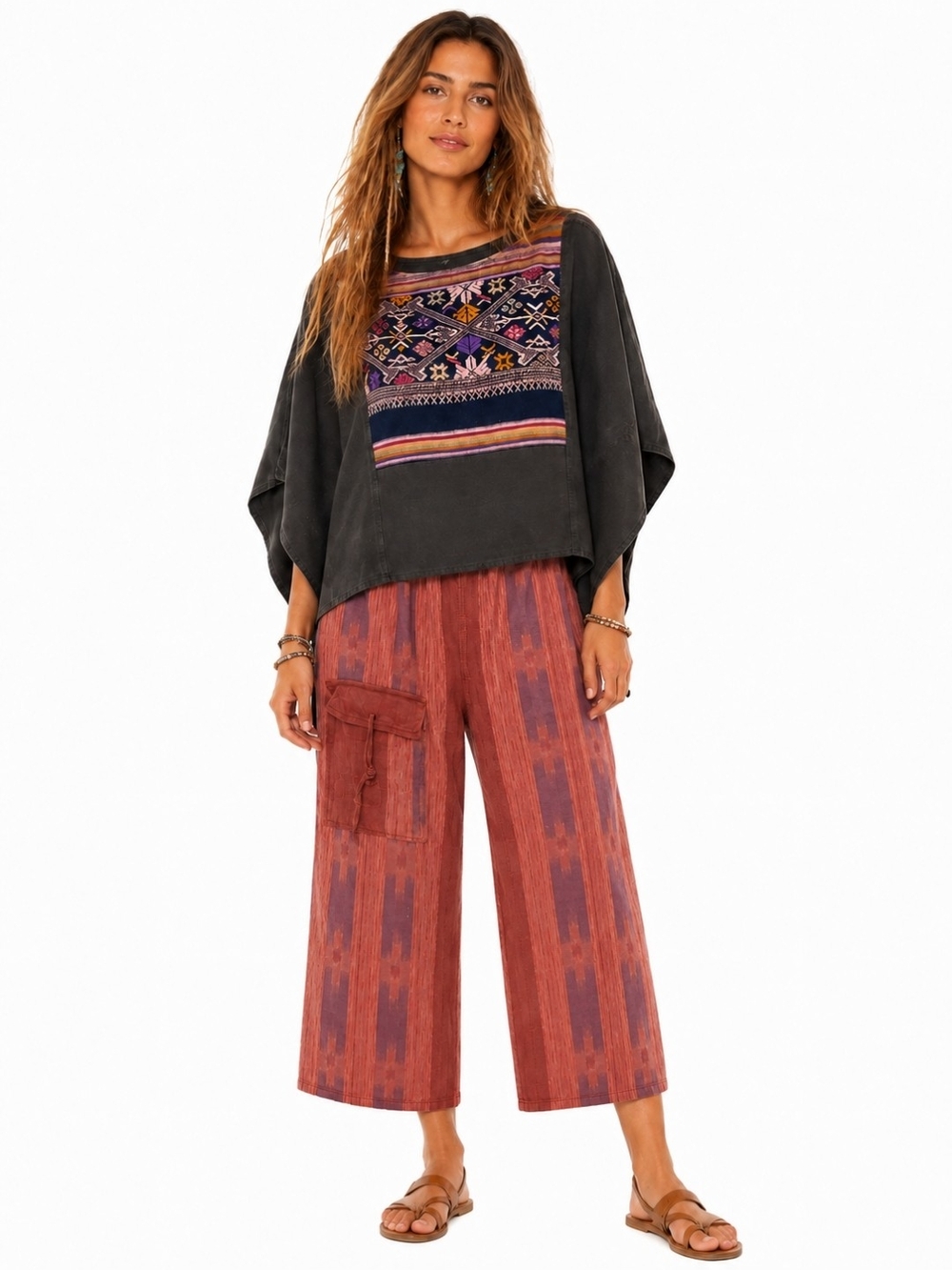 Thai Artisan Boho 2 Piece Poncho Pants Set Larege Runs Small 100% Cotton  Hippie